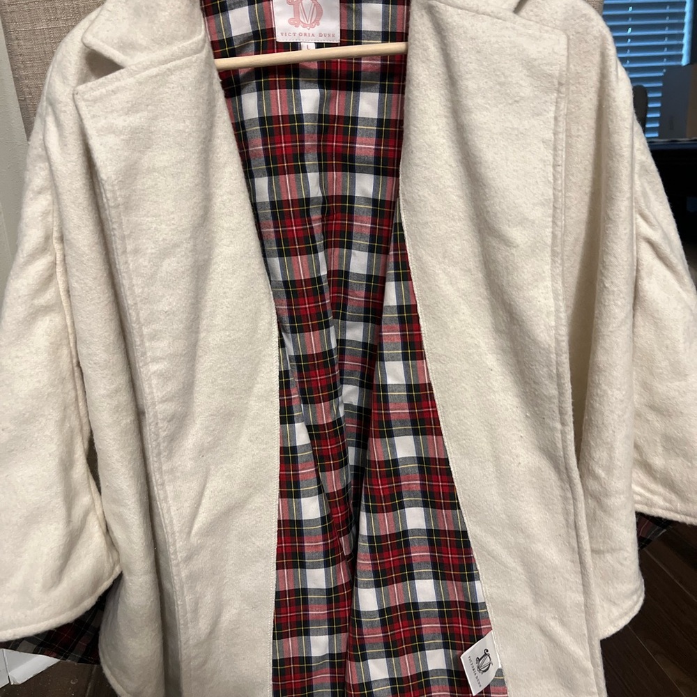 Victoria Dunn Cream Cape Wrap Coat Plaid Lined Belted Cottagecore Old Money - Picture 11 of 14